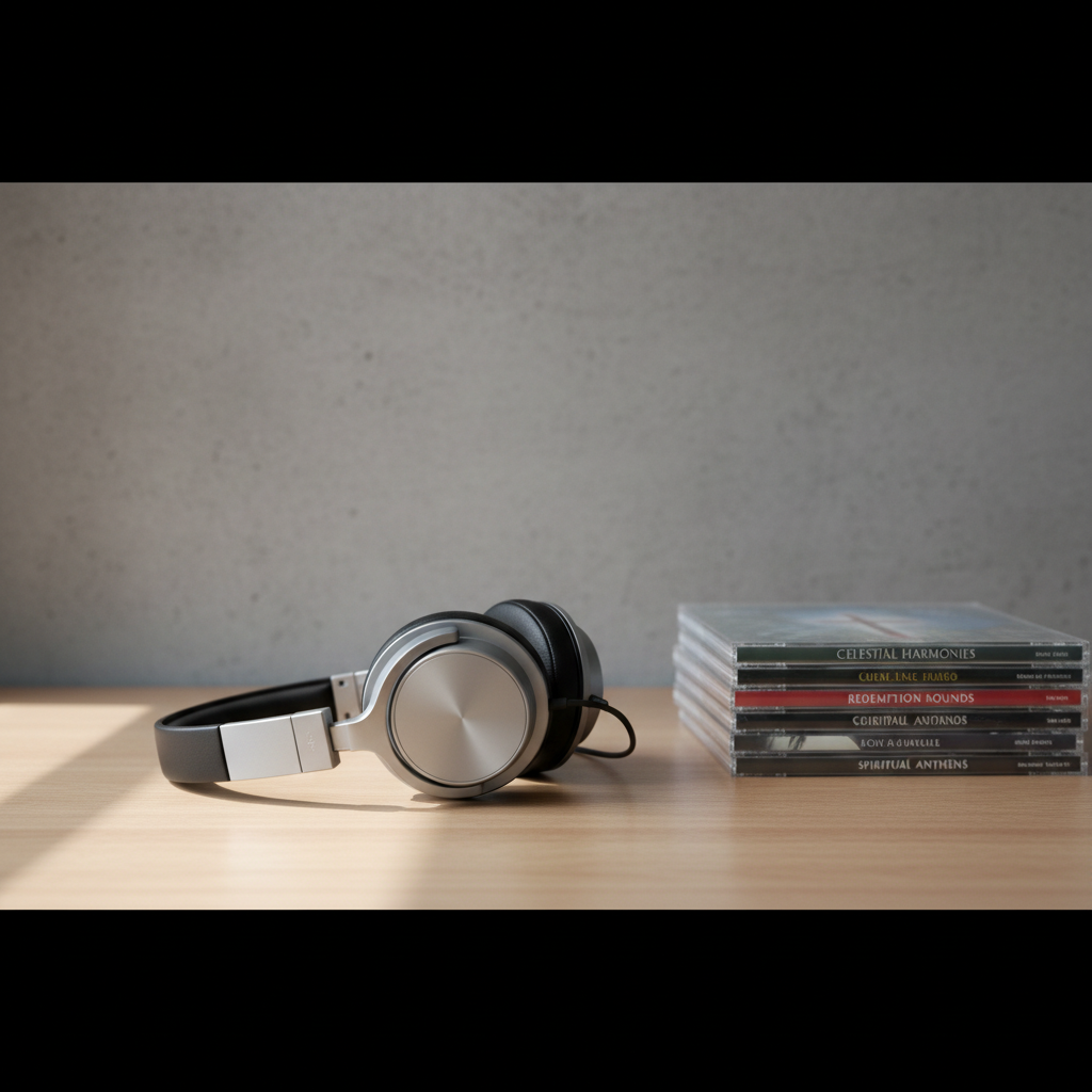 A sleek, matte silver pair of studio-quality headphones resting on a modern, uncluttered wooden desk, with a neatly stacked row of slim jewel-case Christian music albums nearby. The scene is set against a textured, neutral gray wall, emphasizing clean lines and balanced elements. Soft, indirect daylight falls across the headphones, creating refined highlights and subtle shadows. The overall mood is calm, focused, and inviting, perfect for professional music exploration. Captured at a slightly elevated, eye-level angle with a sharp focus on the headphones, the background gently blurs to maintain emphasis. The image embodies a photographic realism with a clean, structured, and corporate aesthetic, reflecting the professional tone of a music discovery platform.