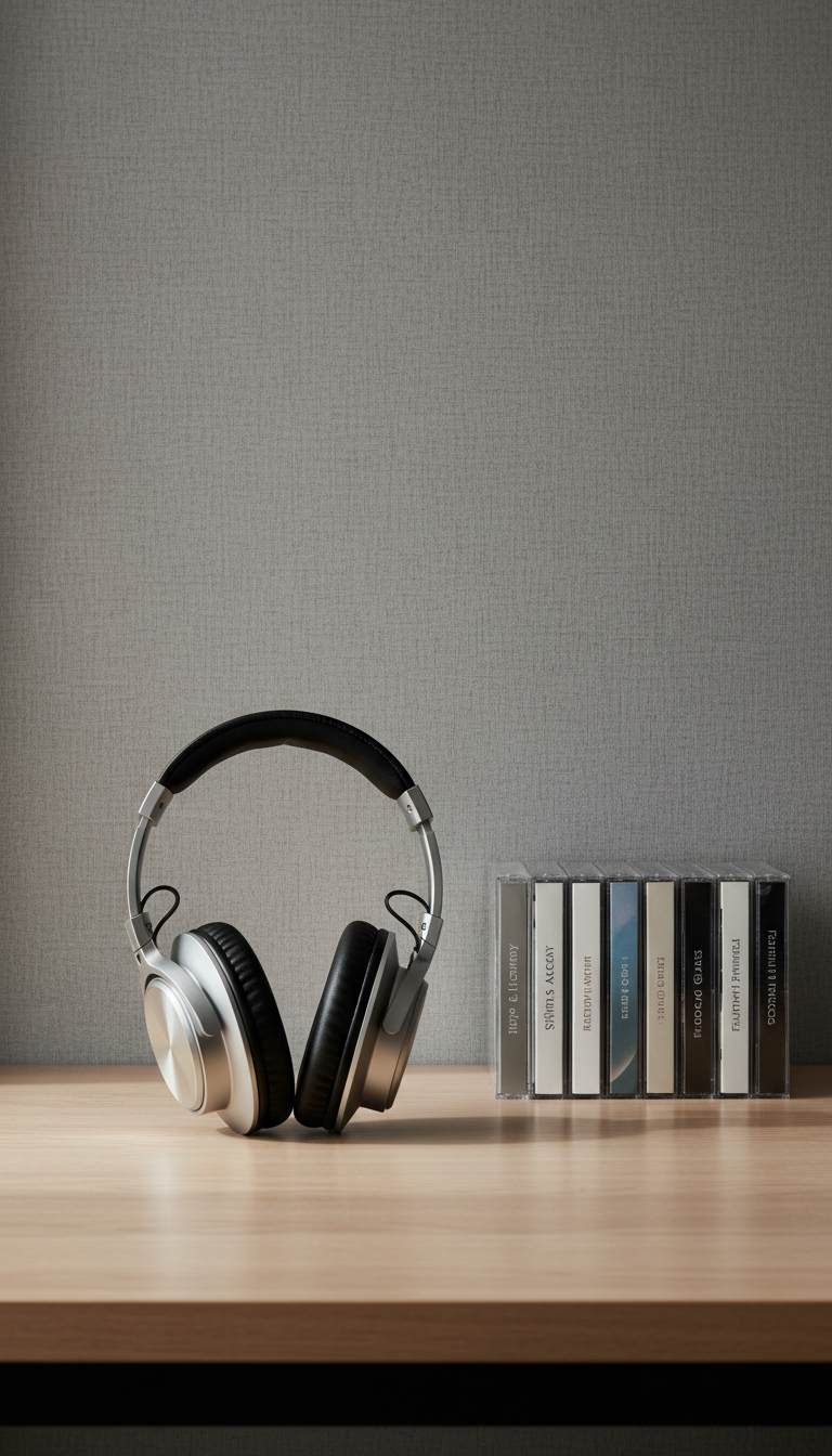 A sleek, matte silver pair of studio-quality headphones resting on a modern, uncluttered wooden desk, with a neatly stacked row of slim jewel-case Christian music albums nearby. The scene is set against a textured, neutral gray wall, emphasizing clean lines and balanced elements. Soft, indirect daylight falls across the headphones, creating refined highlights and subtle shadows. The overall mood is calm, focused, and inviting, perfect for professional music exploration. Captured at a slightly elevated, eye-level angle with a sharp focus on the headphones, the background gently blurs to maintain emphasis. The image embodies a photographic realism with a clean, structured, and corporate aesthetic, reflecting the professional tone of a music discovery platform.
