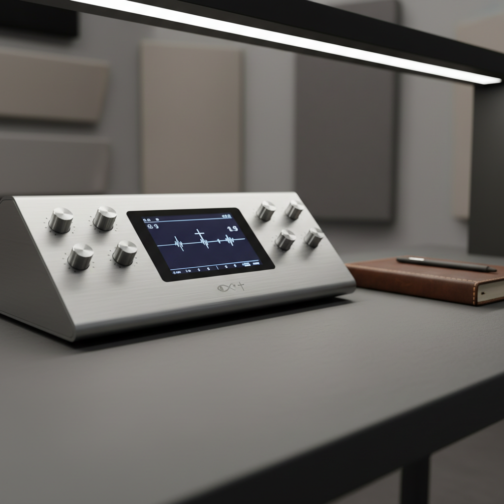 A polished studio-quality audio interface with precision metal knobs and a backlit digital display, artfully positioned beside a closed, leather-bound notebook on a slate-colored, contemporary workspace. The interface features discreet Christian symbol etching for a subtle thematic connection. Overhead, neutral LED lighting creates gentle, even illumination with soft reflections on the metal surfaces. The composition exudes sophistication, with a composed and contemplative mood. Captured from a low, three-quarter angle that emphasizes depth, the scene is sharply in focus, with the workspace fading gently to an out-of-focus background. The overall style is photographic realism, clean and structured, reflecting the site’s commitment to professionalism and musical quality.
