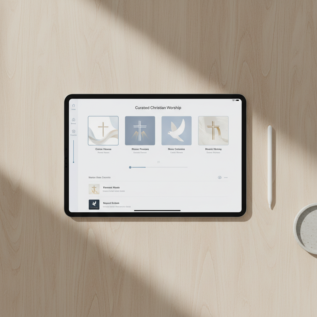 An immaculate, minimalistic interface of a digital playlist displayed on a slim, bezel-less tablet, sitting neatly on a smooth, pale oak table. The screen showcases a curated Christian music playlist with crisp album covers, tidy typography, and subtle blue-gray accents. Diffused natural window light bathes the tablet, highlighting the glass surface and casting gentle, barely-there shadows onto the organized workspace. The mood is professional and modern, evoking clarity and discovery in music selection. Composed from an overhead bird's-eye view with precise alignment for a balanced, well-structured appearance. The style is clean photographic realism with emphasis on simplicity and elegant professionalism, ideal for a site centered on organized music exploration.