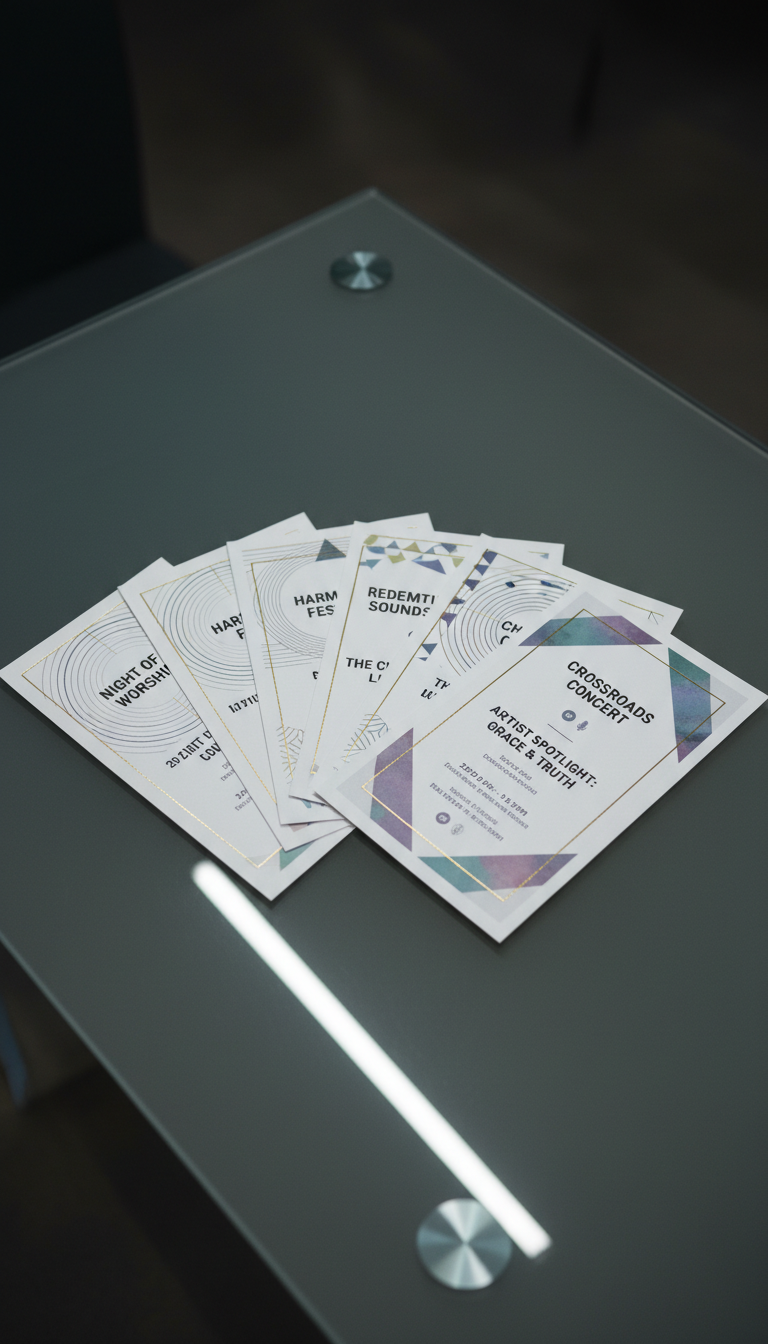 A stack of well-designed Christian music event flyers, printed on thick, matte white cardstock with subtle embossed gold accents, neatly fanned out on a charcoal gray glass surface. Each flyer features distinct, geometric borders and clear, legible text, illustrating various upcoming concerts and artist showcases. Soft, cool-toned studio lighting evenly illuminates the scene, enhancing the clean lines of the flyers and creating faint reflective highlights on the glass. The atmosphere is energetic yet orderly, communicating excitement within a controlled, corporate environment. Photographed from a slight angle to highlight the overlapping layouts, with sharp focus and balanced composition, the image style is structured photographic realism matching the site’s professional tone.