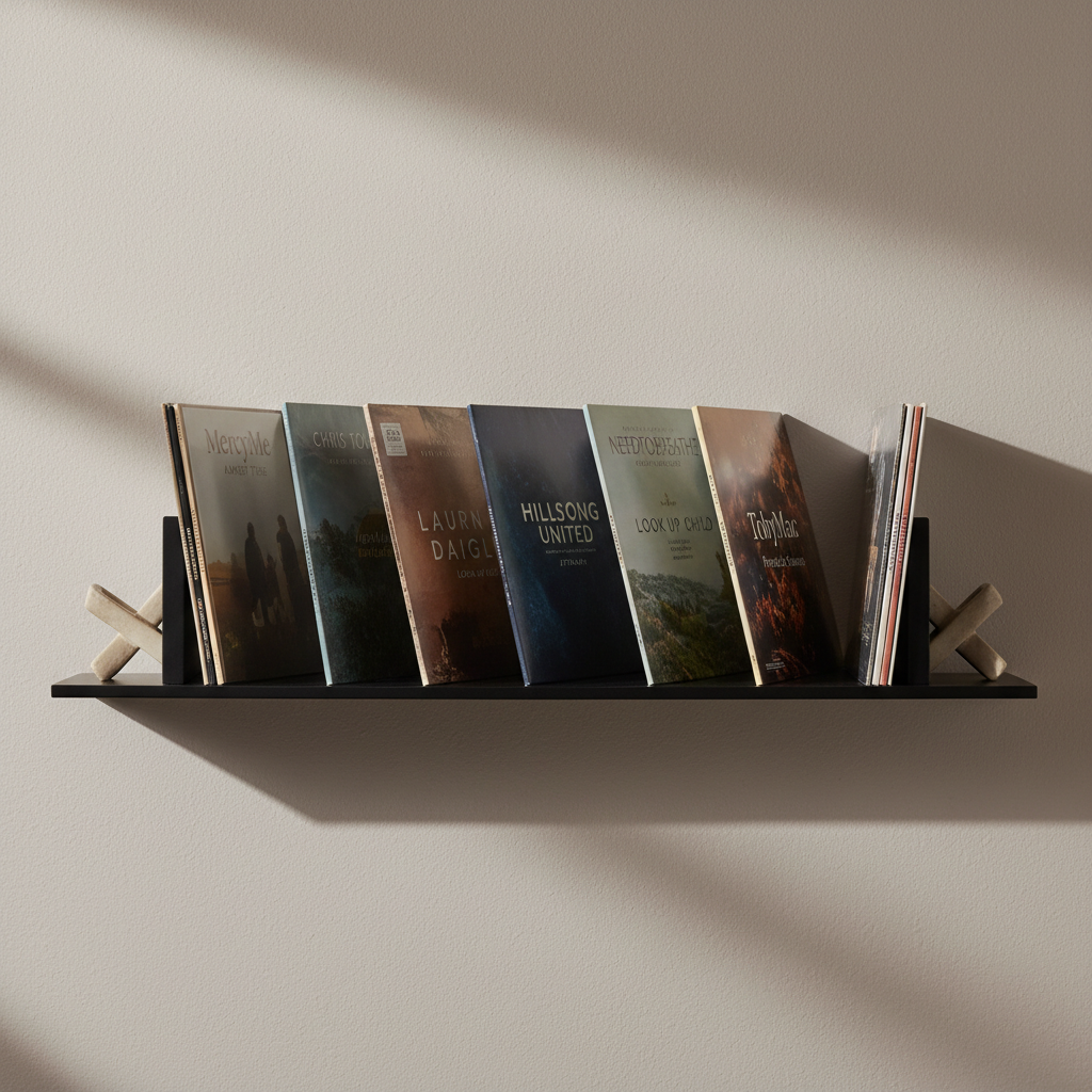 A set of curated vinyl records of notable Christian albums neatly arranged in a staggered upright row on a minimalist matte-black metal shelf, alongside modern ceramic bookends shaped like abstract crosses. The shelving is positioned against a softly textured, light taupe wall, complementing the array of neutral and earth-toned record covers. Gentle daylight streams from the side, accentuating the covers’ detail and texture while casting light, graphic shadows across the display. The scene’s atmosphere is serene and refined, evoking a sense of thoughtful music curation. Photographed from straight on, eye-level, with balanced composition, the visual style is photographic realism with a clean, modern, and structured corporate appeal.